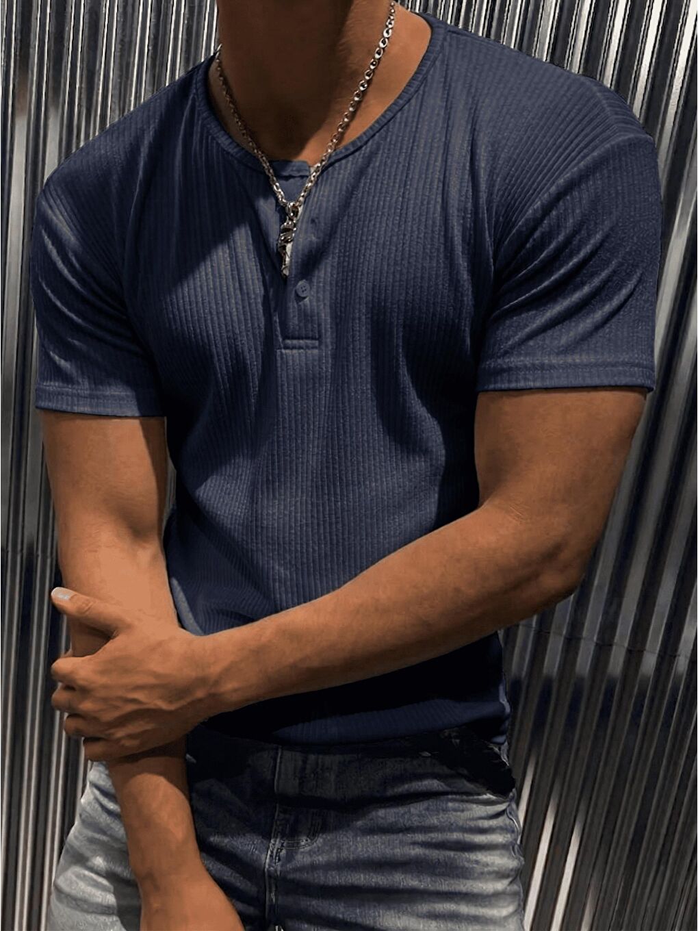 Lacivert San Loe Erkek Slim Fit Elastanlı Henley Yaka Kısa Kollu Tişört - Düğmeli Esnek Kumaş