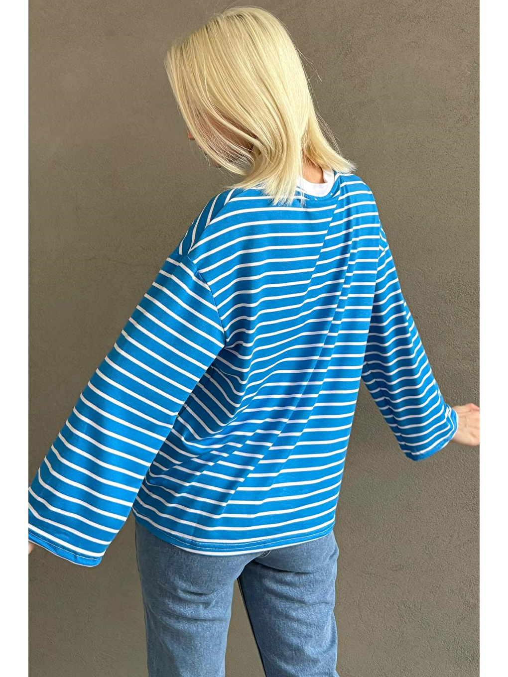 Turkuaz Bisiklet Yaka Çizgili Uzun Kollu Tişört Mg2362-4