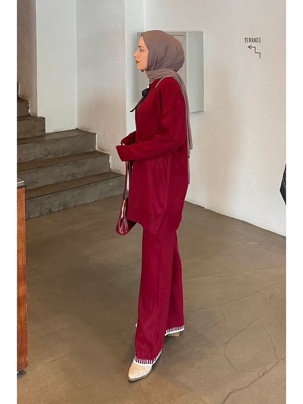 Kurdela Detaylı Triko Takım Bordo-1