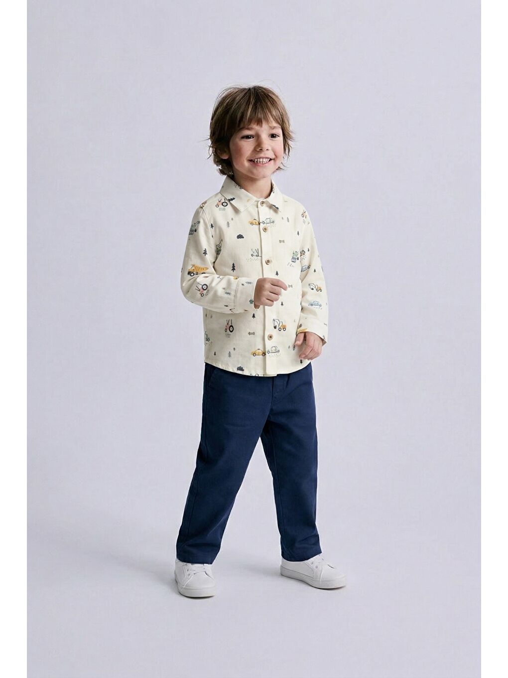 Karışık Erkek Çocuk Pamuklu İş Makinesi Desenli Gömlek Pantolon Takım - Düğmeli