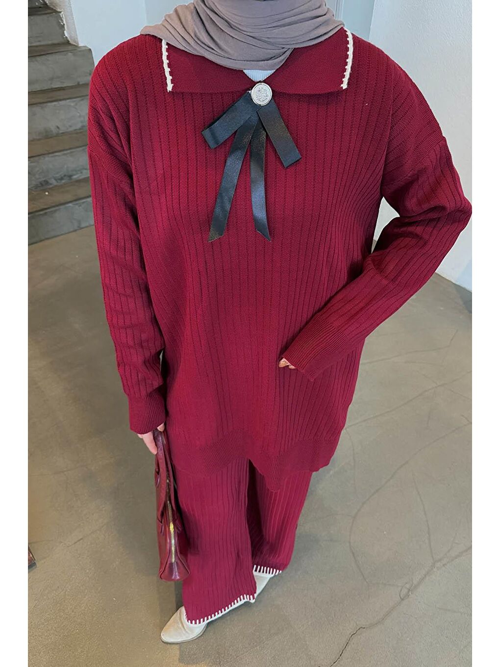 Kurdela Detaylı Triko Takım Bordo-2
