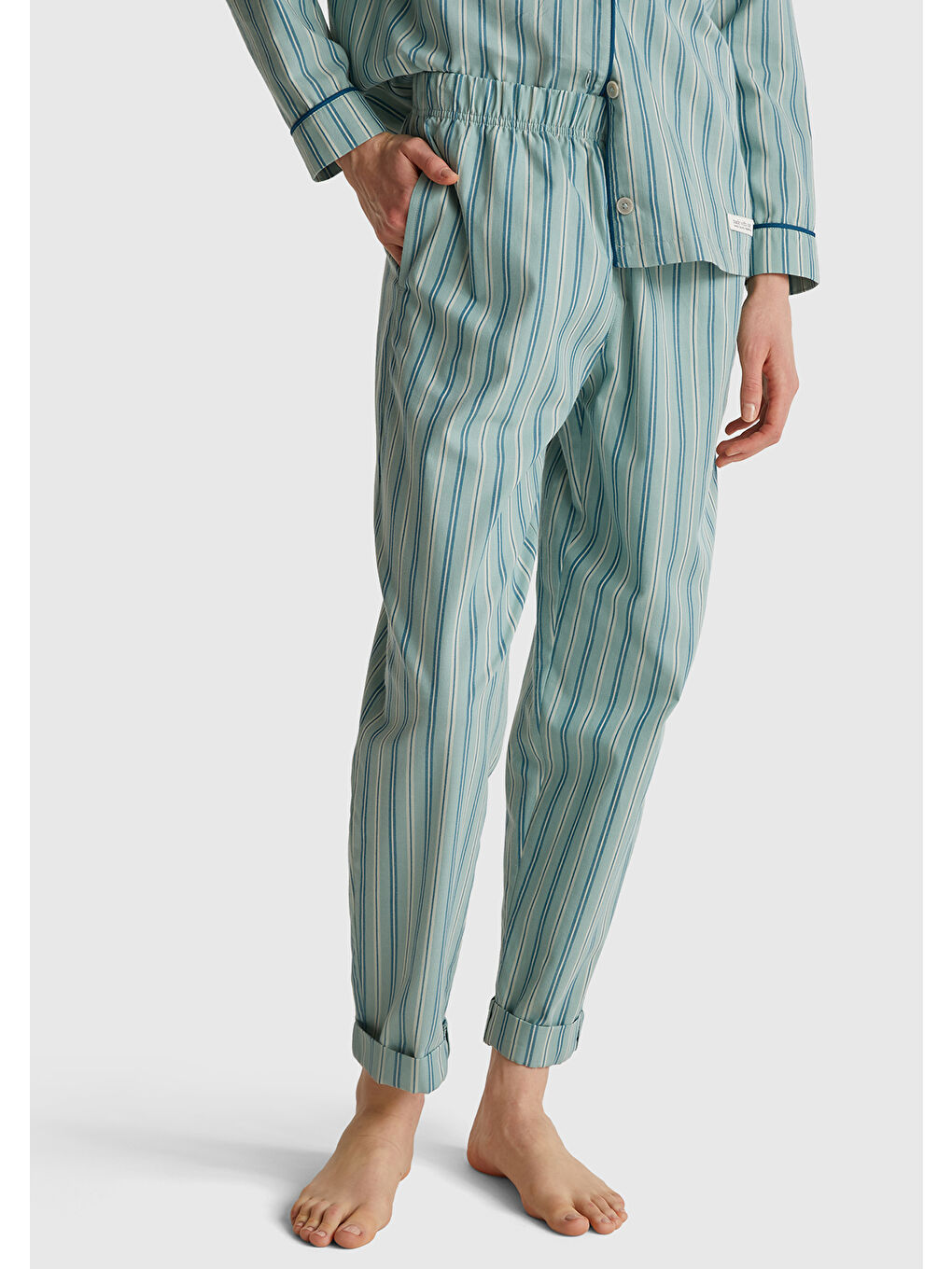 Kadın Turkuaz %100 Pamuk Kare Desenli Paçası Kıvrık Pijama Altı