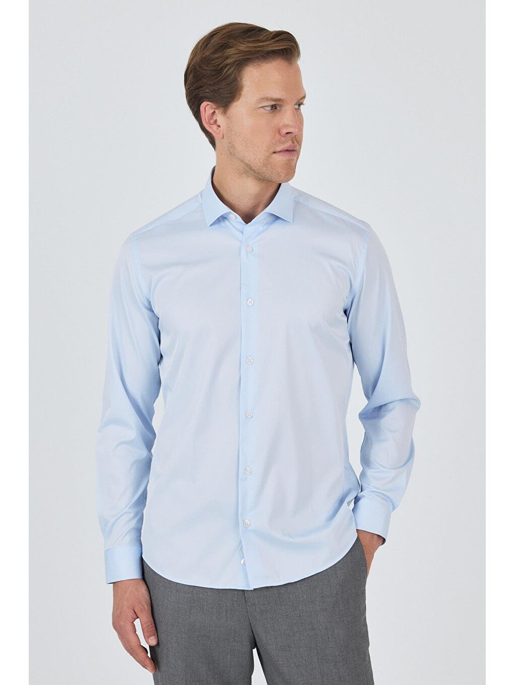 Mavi Uzun Kol Düz Bez Ayağı Sert Yaka Cepsiz Pamuklu Classic Slim Fit Gömlek 1004250160-1