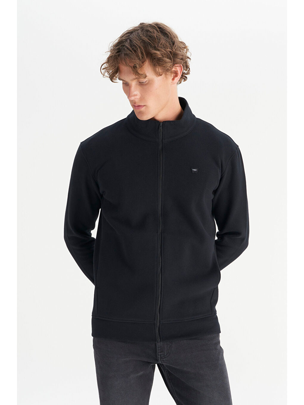 Siyah Pamuklu Relaxed Fit Dik Yaka   Selanik Örgü Erkek Fermuarlı Sweatshirt Hırka-2