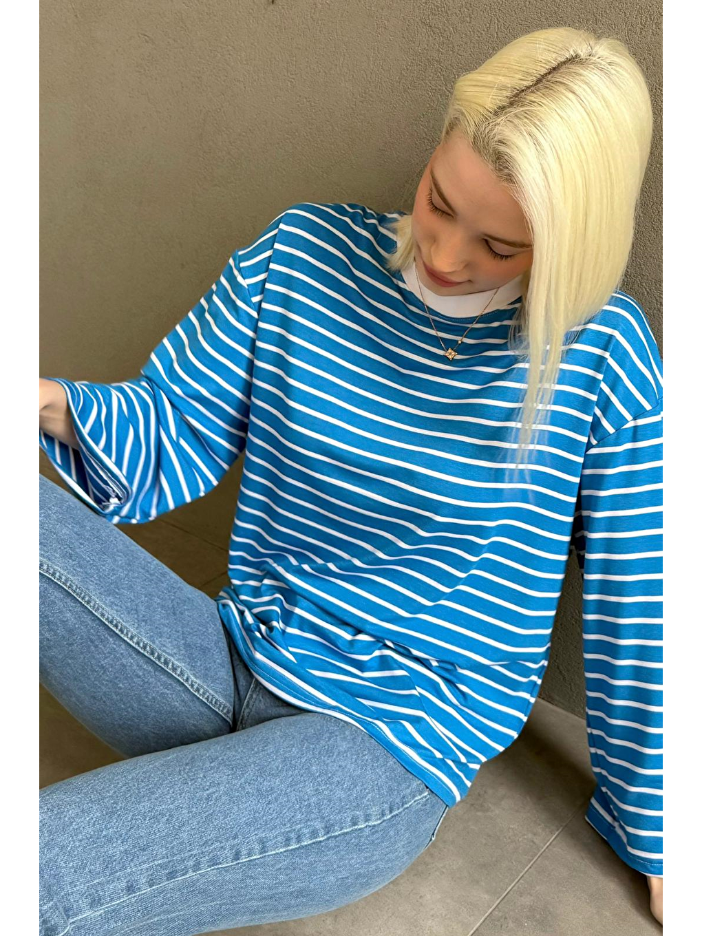Turkuaz Bisiklet Yaka Çizgili Uzun Kollu Tişört Mg2362-5