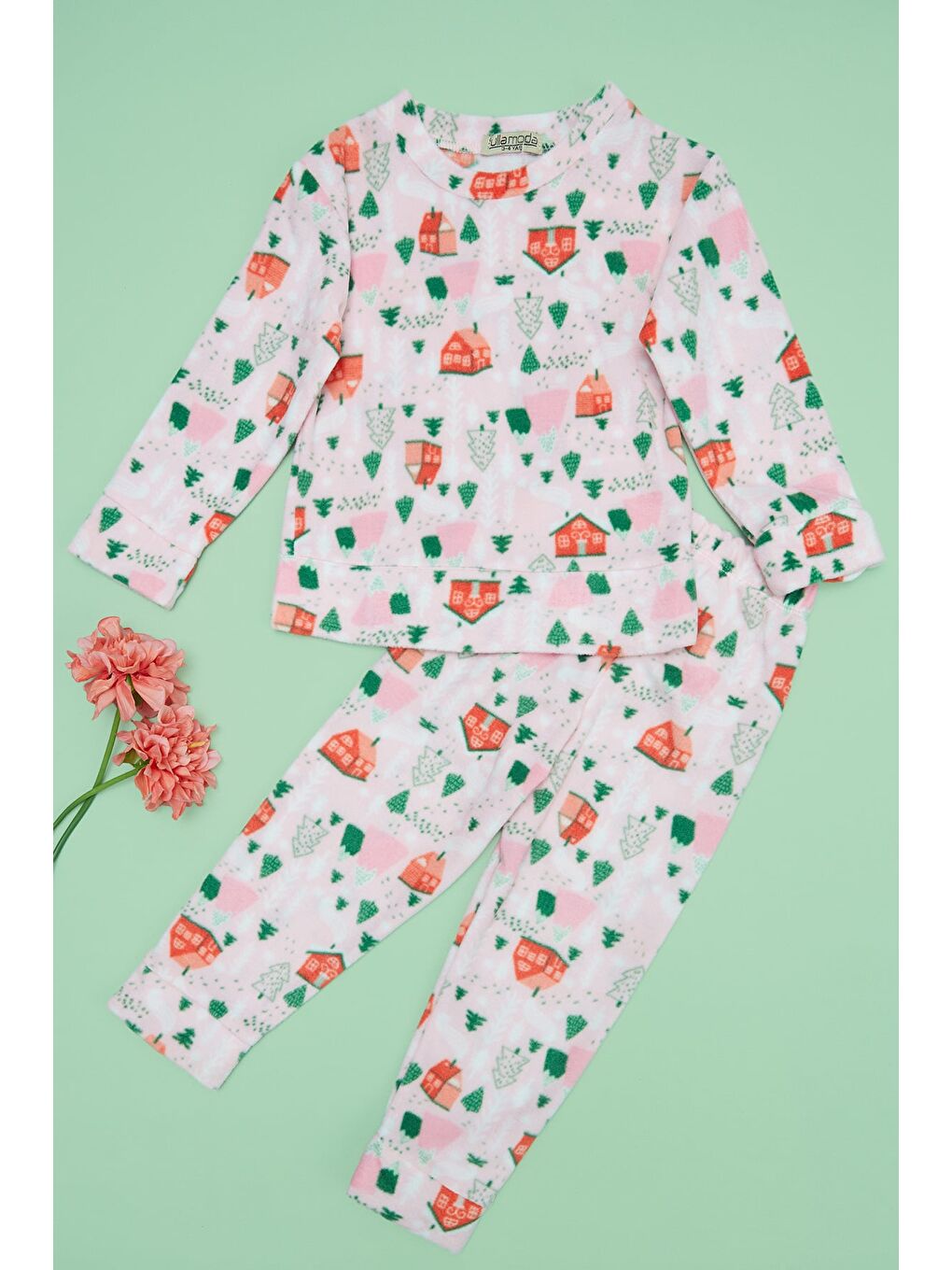 Pembe Ev Desenli Polar Kız Çocuk Pijama Takımı
