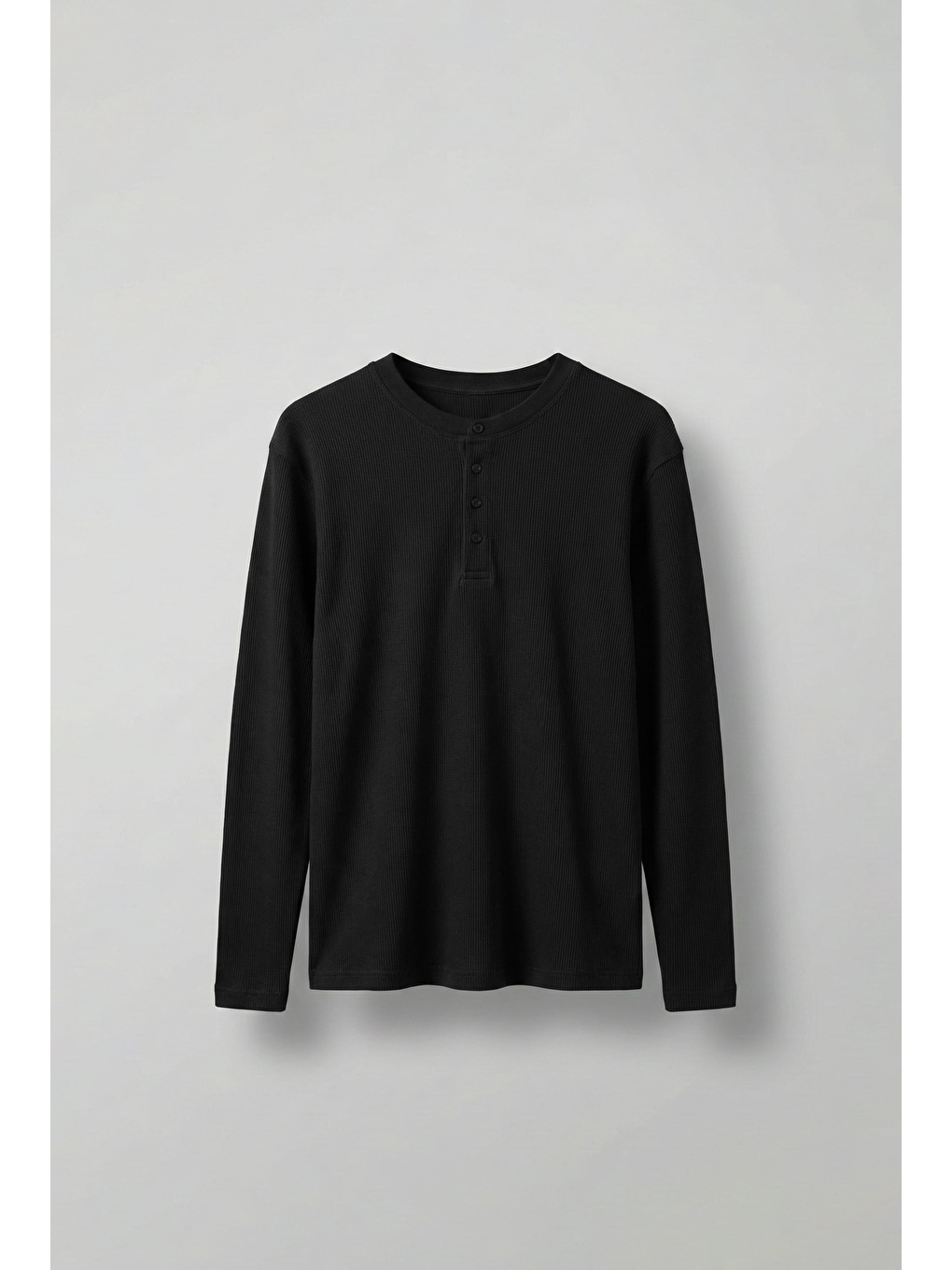 Erkek Oversize Düğmeli Basic Uzun Kollu T-Shirt Siyah