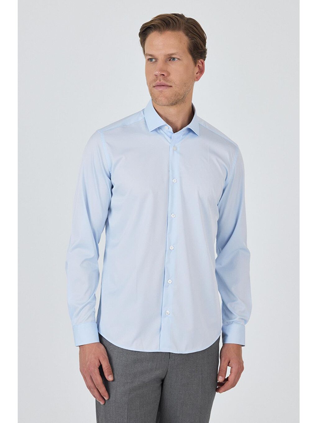 Mavi Uzun Kol Düz Bez Ayağı Sert Yaka Cepsiz Pamuklu Classic Slim Fit Gömlek 1004250160-2