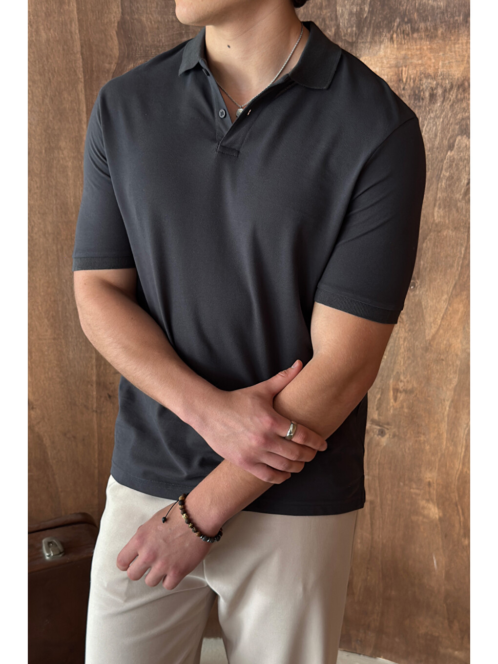 Antrasit Erkek %100 Pamuk Düğmeli Polo Yaka T-Shirt-1