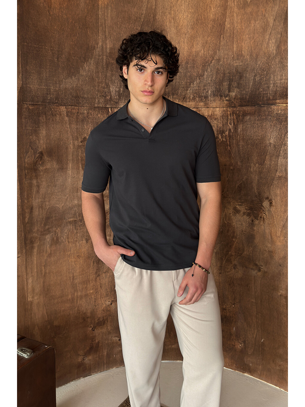 Antrasit Erkek %100 Pamuk Düğmeli Polo Yaka T-Shirt-2