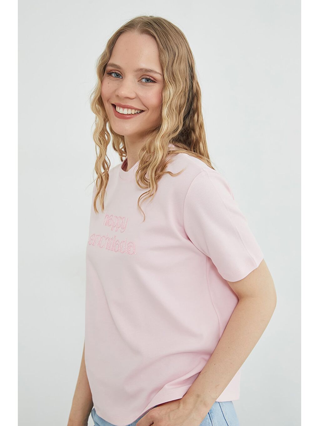 Pembe Happy Enchilada Nakışlı Bisiklet Yaka Tişört-1
