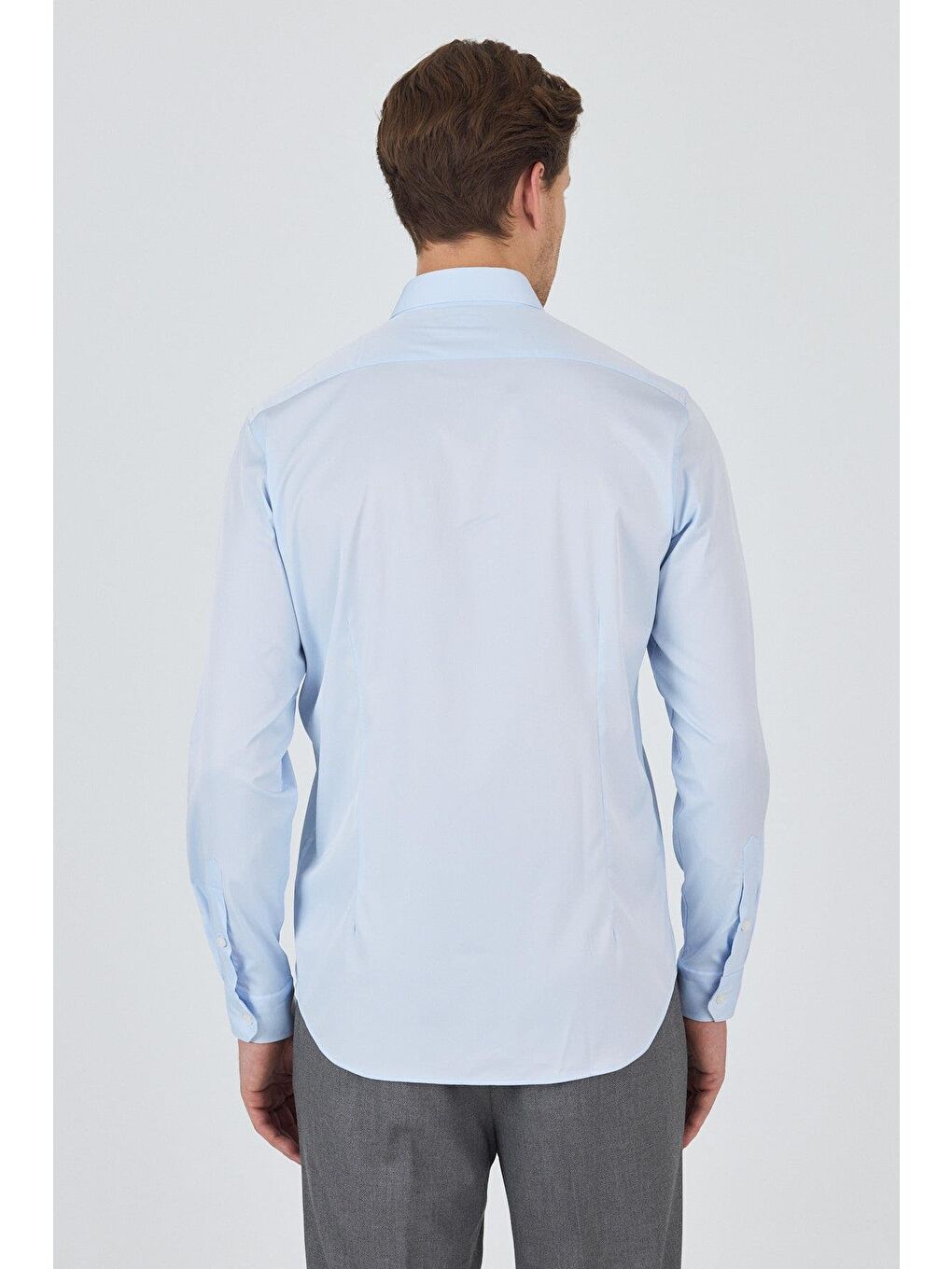 Mavi Uzun Kol Düz Bez Ayağı Sert Yaka Cepsiz Pamuklu Classic Slim Fit Gömlek 1004250160-3