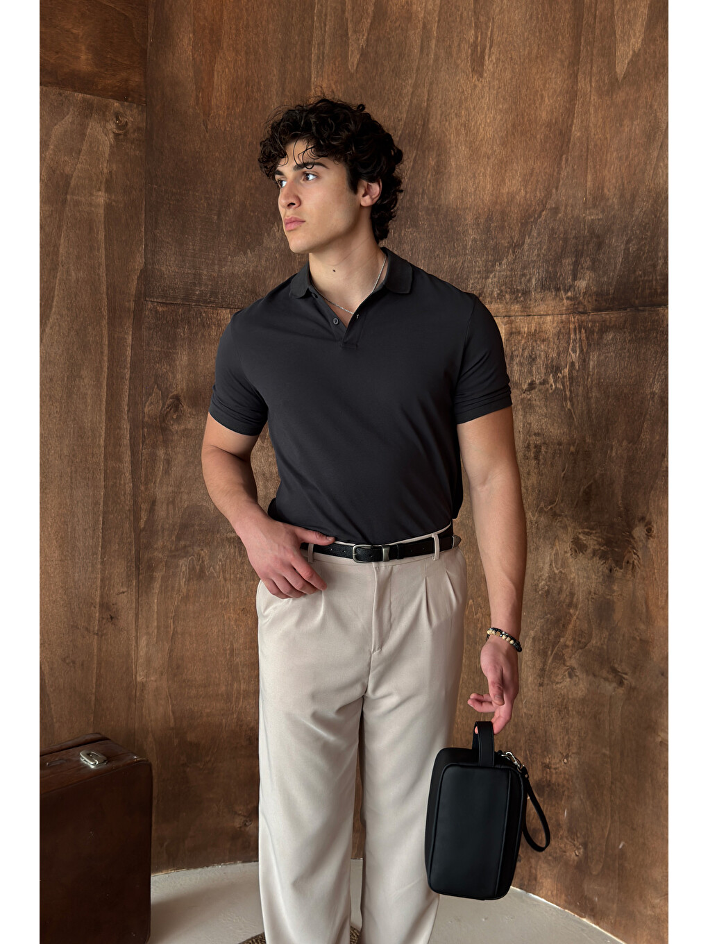 Antrasit Erkek %100 Pamuk Düğmeli Polo Yaka T-Shirt-3