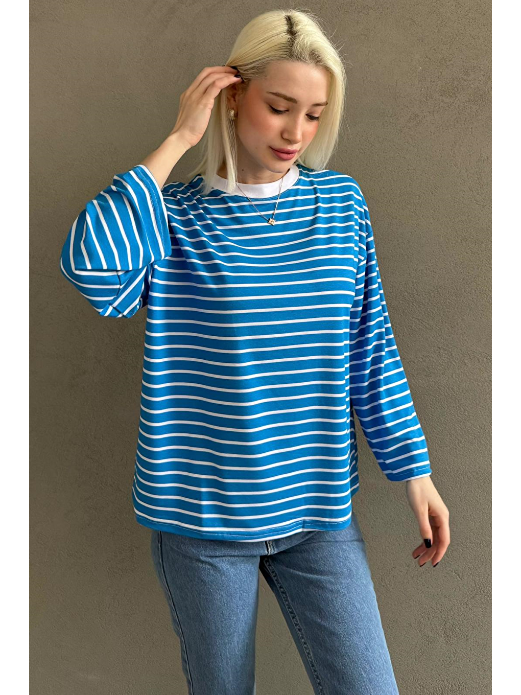 Turkuaz Bisiklet Yaka Çizgili Uzun Kollu Tişört Mg2362-6