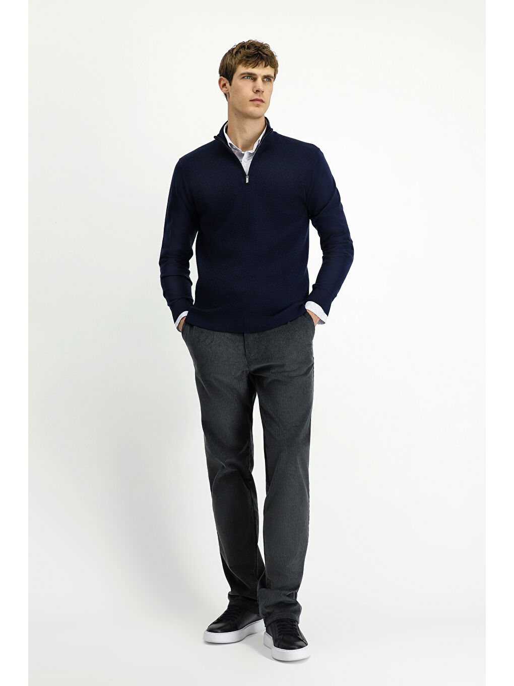 Lacivert Yarım Balıkçı Yaka Regular Fit Desenli Fermuarlı Yünlü Triko Kazak-1