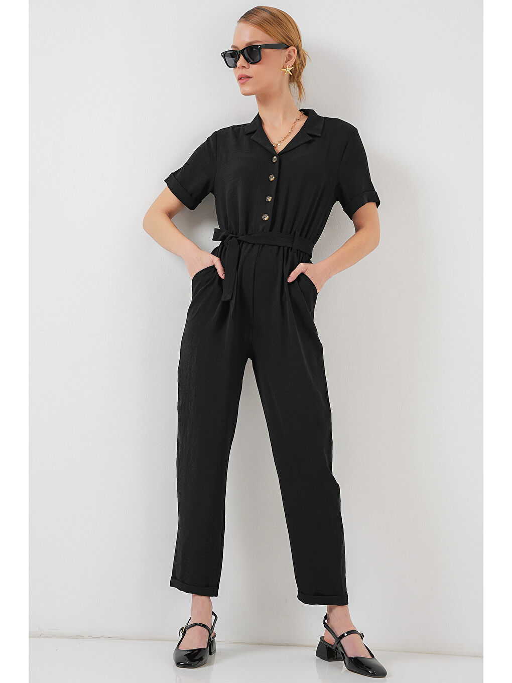 Kadın Kısa Kol Ayrobin Tulum 7030 - Siyah-3