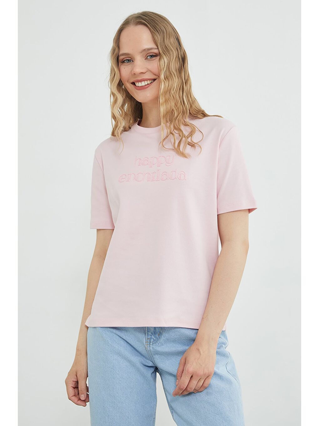 Pembe Happy Enchilada Nakışlı Bisiklet Yaka Tişört-2