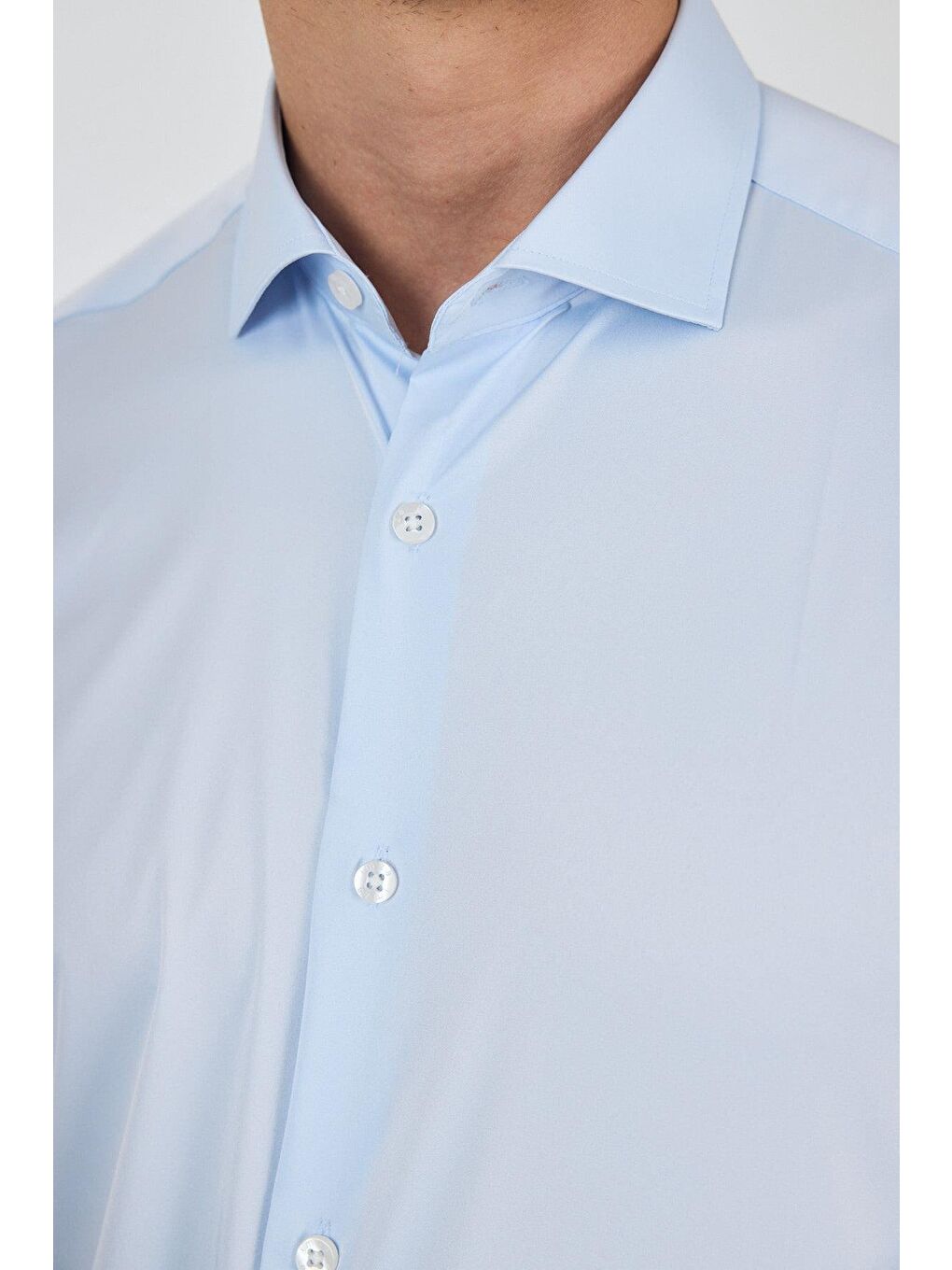 Mavi Uzun Kol Düz Bez Ayağı Sert Yaka Cepsiz Pamuklu Classic Slim Fit Gömlek 1004250160-4