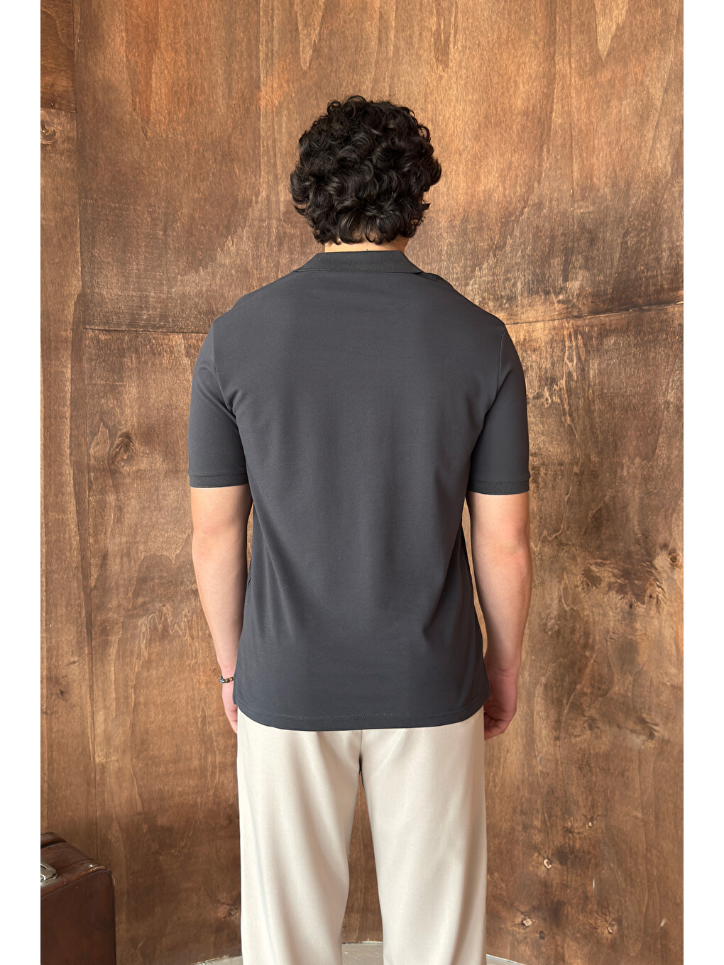 Antrasit Erkek %100 Pamuk Düğmeli Polo Yaka T-Shirt-6