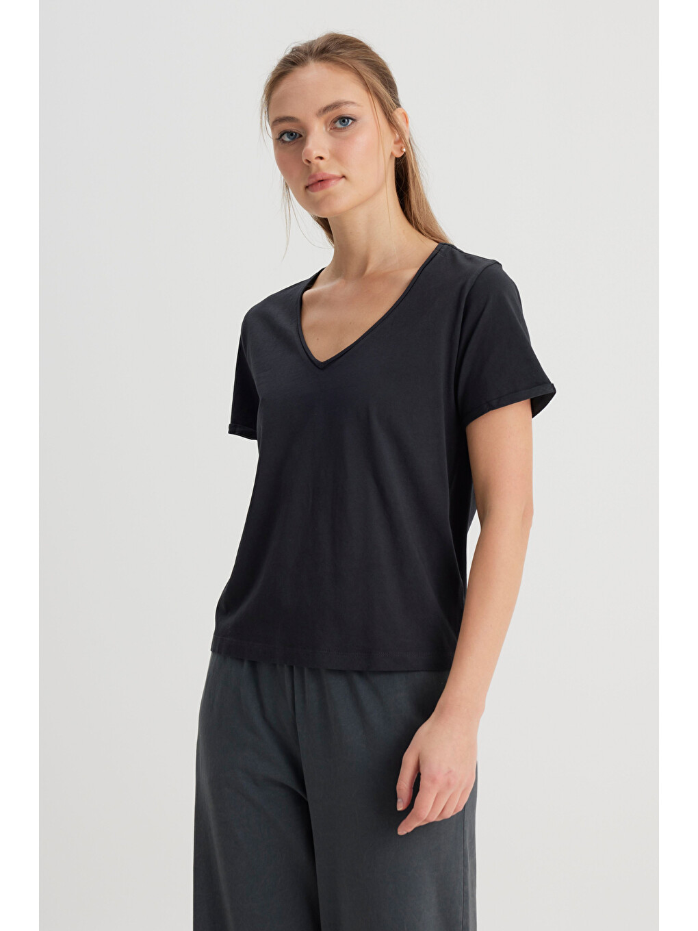 Regular Fit Normal Kesim V Yaka %100 Pamuk Siyah Tişört-1