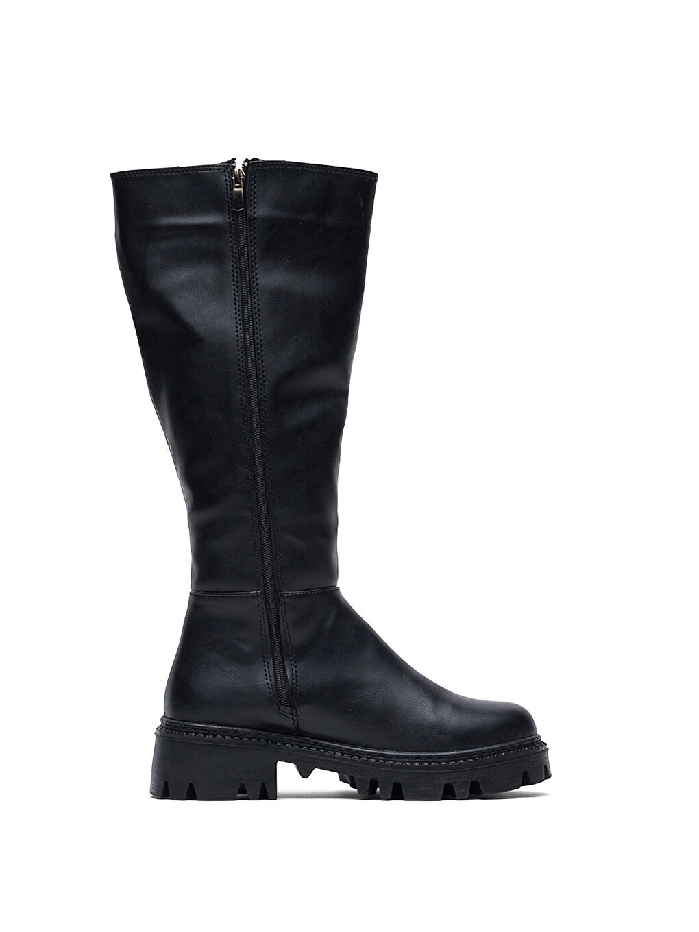 Kadın Siyah Cilt Rahat Kalıp Yüksek Taban Fermuarlı Çizme-1