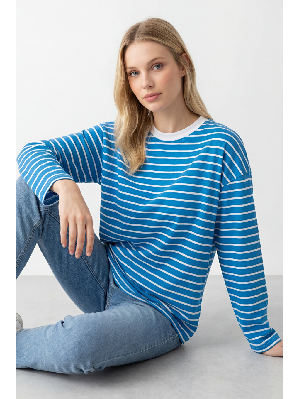 Turkuaz Bisiklet Yaka Çizgili Uzun Kollu Tişört Mg2362-7