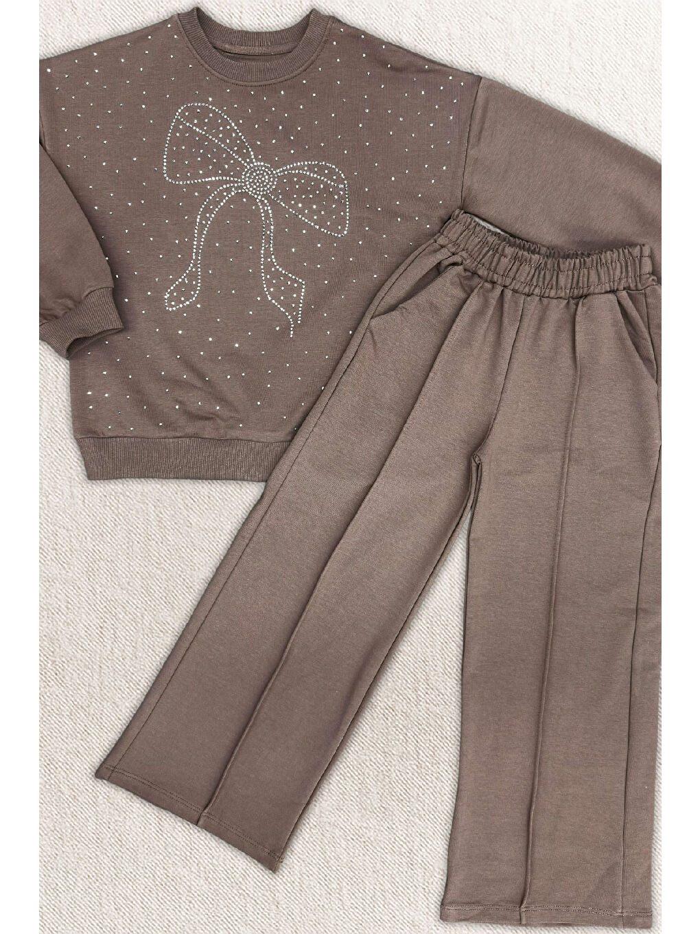 Kahverengi Kız Çocuk Taş Süslemeli Fiyonk Desenli 2 İplik Alt-Üst Takım 4-12 Yaş 12512-1