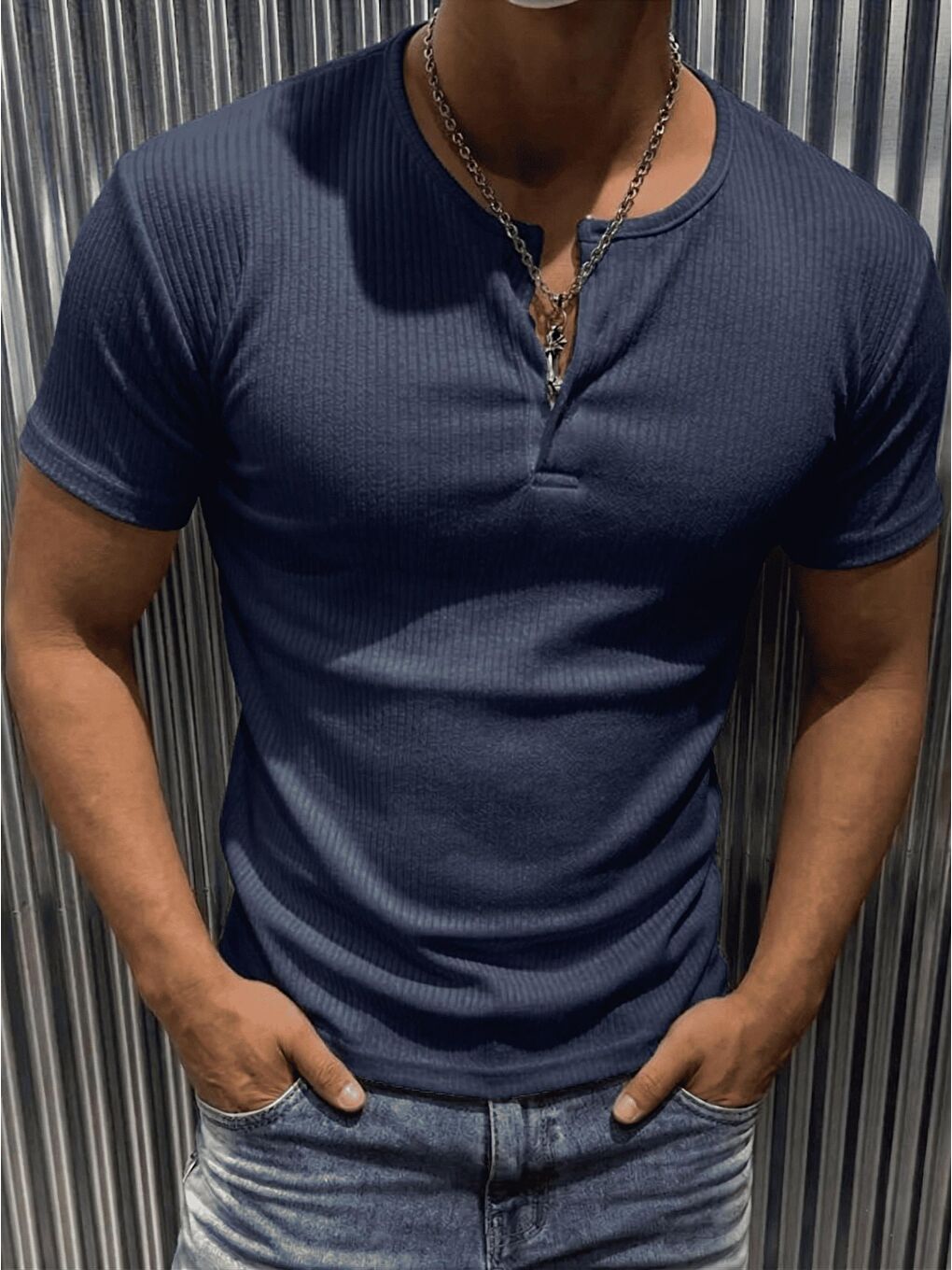 Lacivert San Loe Erkek Slim Fit Elastanlı Henley Yaka Kısa Kollu Tişört - Düğmeli Esnek Kumaş-1