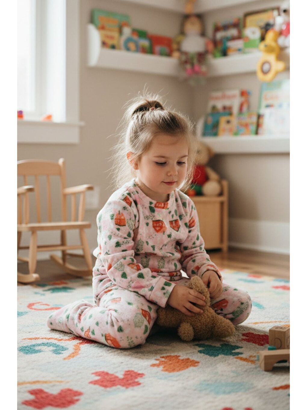 Pembe Ev Desenli Polar Kız Çocuk Pijama Takımı-1