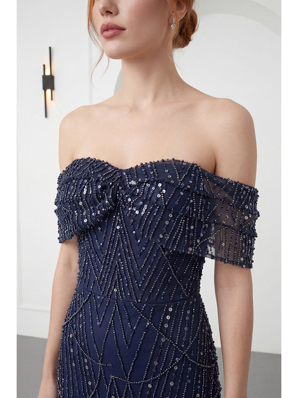 Kadın Lacivert Kayık Yaka Boncuklu Midi Abiye Elbise-3