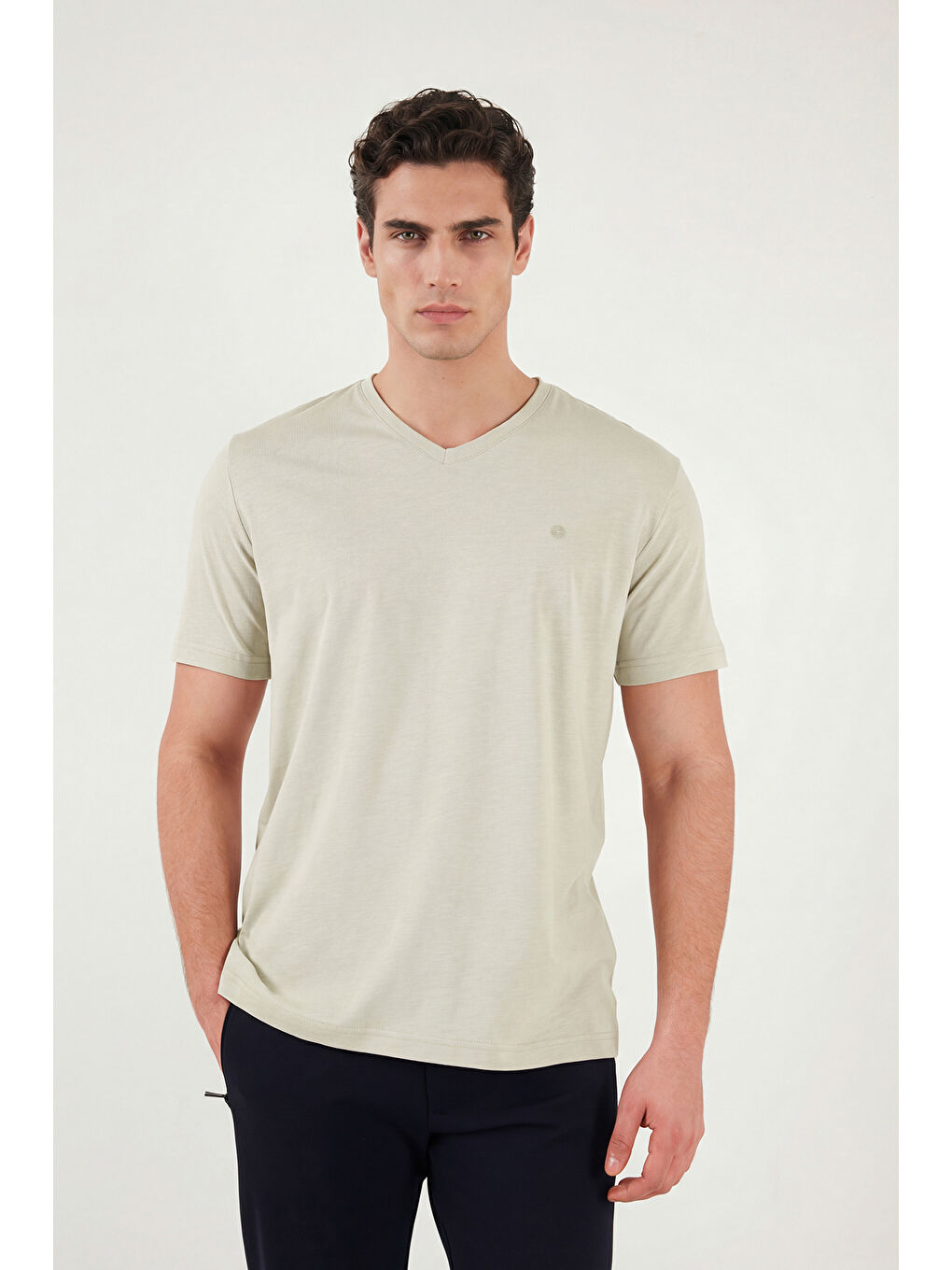 Bej Pamuklu Slim Fit V Yaka T Shirt 5902719-1