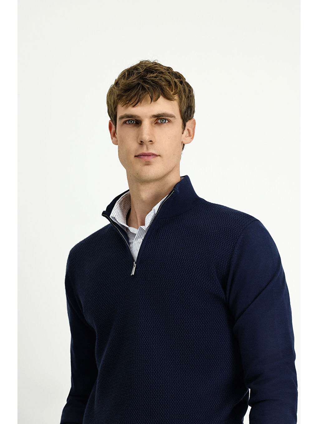 Lacivert Yarım Balıkçı Yaka Regular Fit Desenli Fermuarlı Yünlü Triko Kazak-2