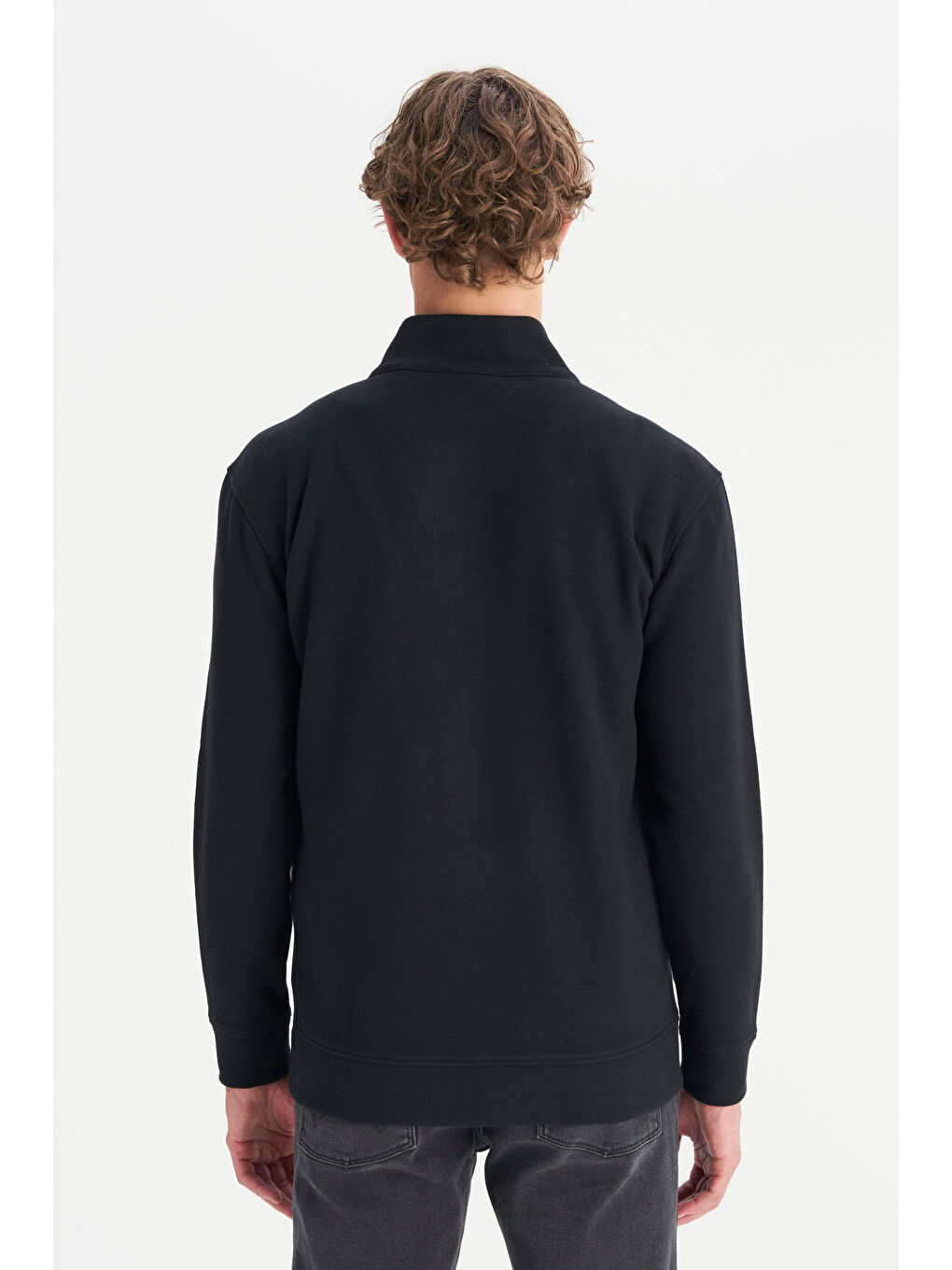 Siyah Pamuklu Relaxed Fit Dik Yaka   Selanik Örgü Erkek Fermuarlı Sweatshirt Hırka-4