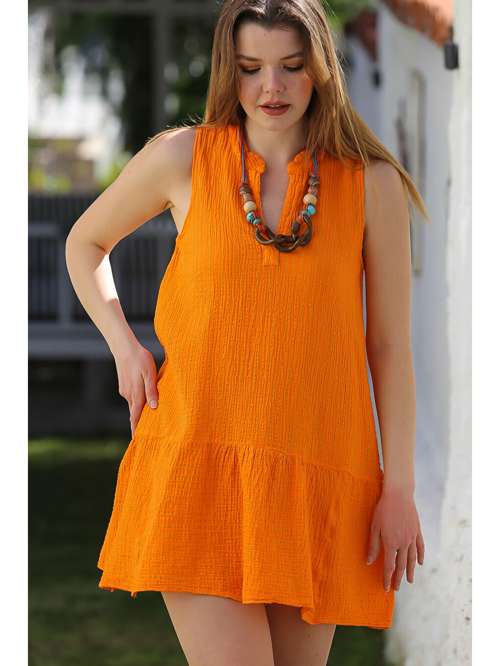 Sarı Hardal Hakim Yaka Kolsuz Çizgili Yıkamalı Etek Ucu Fırfırlı Casual Dokuma Elbise 92 50-2