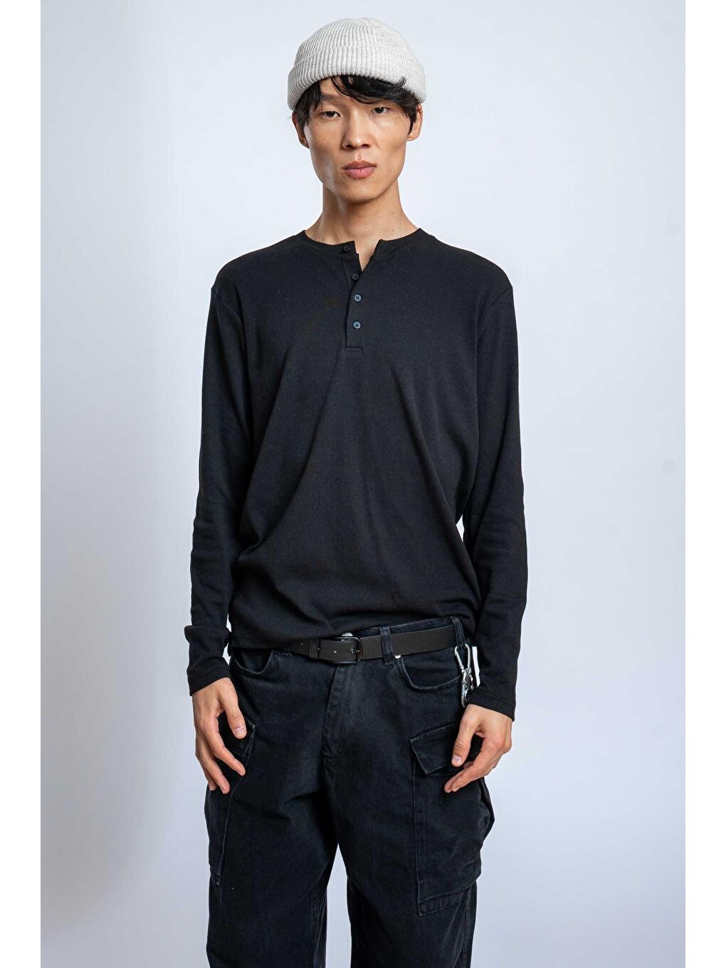 Erkek Oversize Düğmeli Basic Uzun Kollu T-Shirt Siyah-2