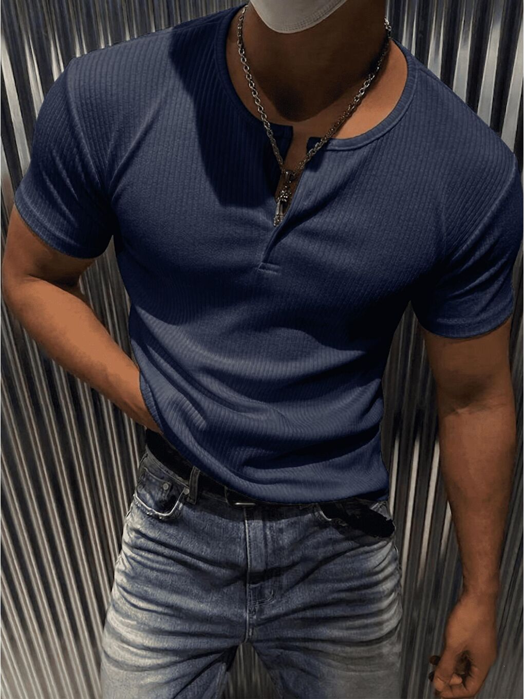 Lacivert San Loe Erkek Slim Fit Elastanlı Henley Yaka Kısa Kollu Tişört - Düğmeli Esnek Kumaş-2