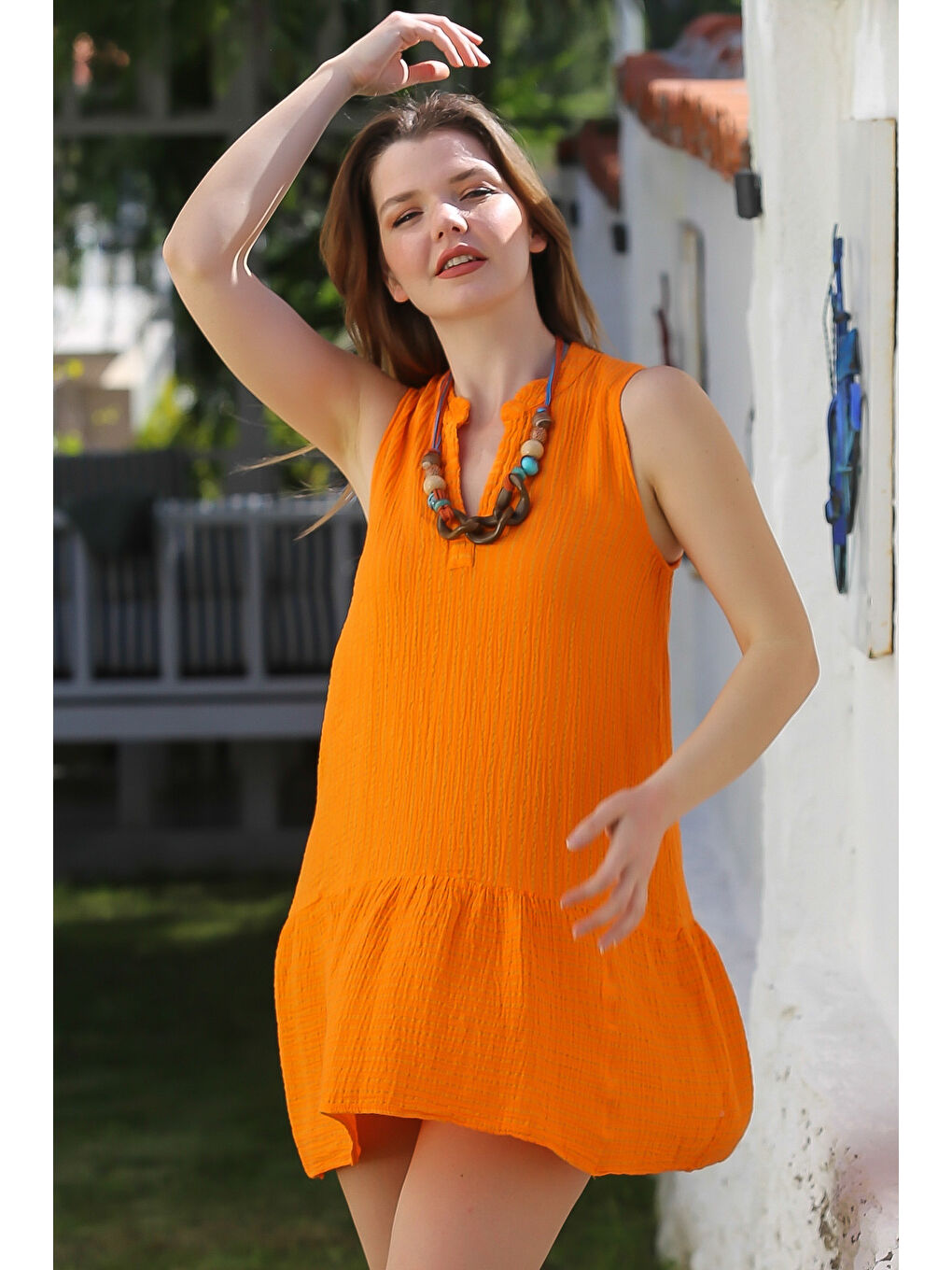 Sarı Hardal Hakim Yaka Kolsuz Çizgili Yıkamalı Etek Ucu Fırfırlı Casual Dokuma Elbise 92 50-3