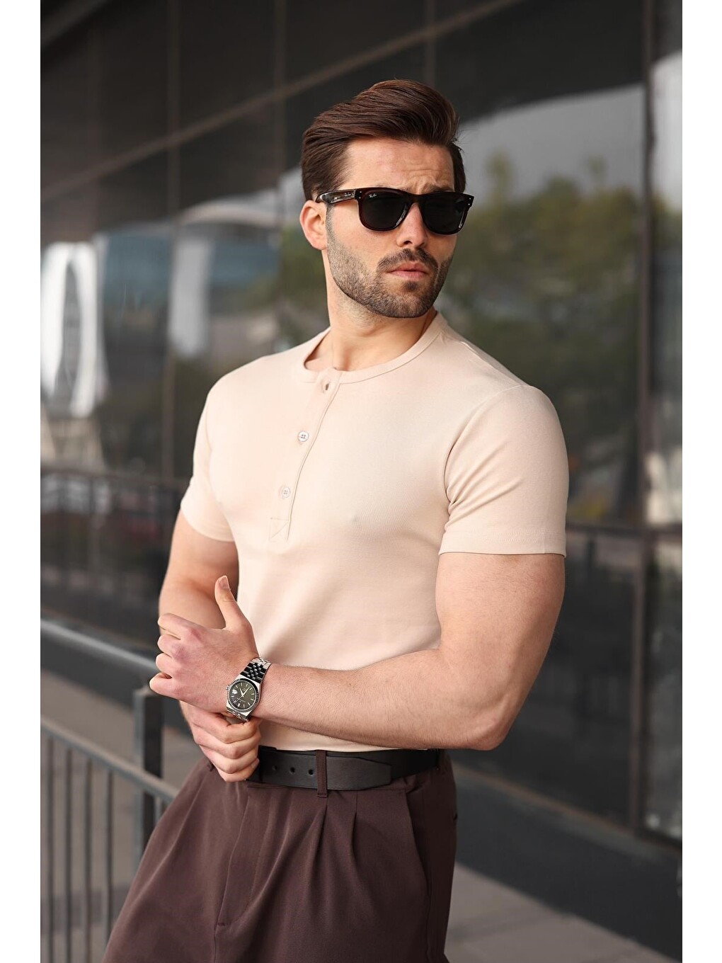 Bej Yarım Düğmeli Slim Fit Erkek Tişört E7186