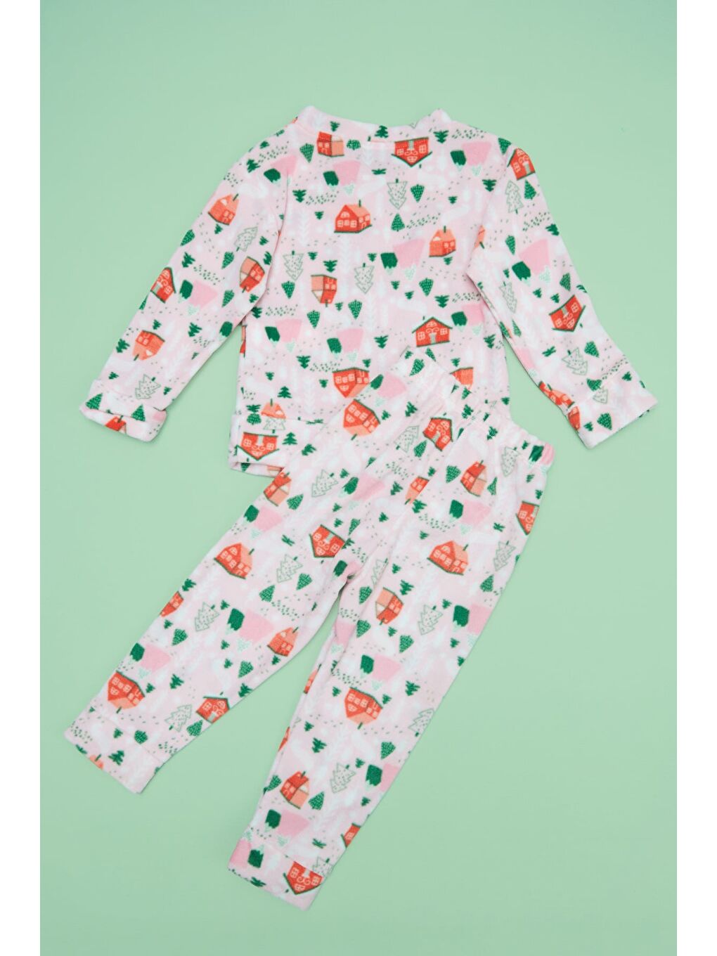 Pembe Ev Desenli Polar Kız Çocuk Pijama Takımı-3