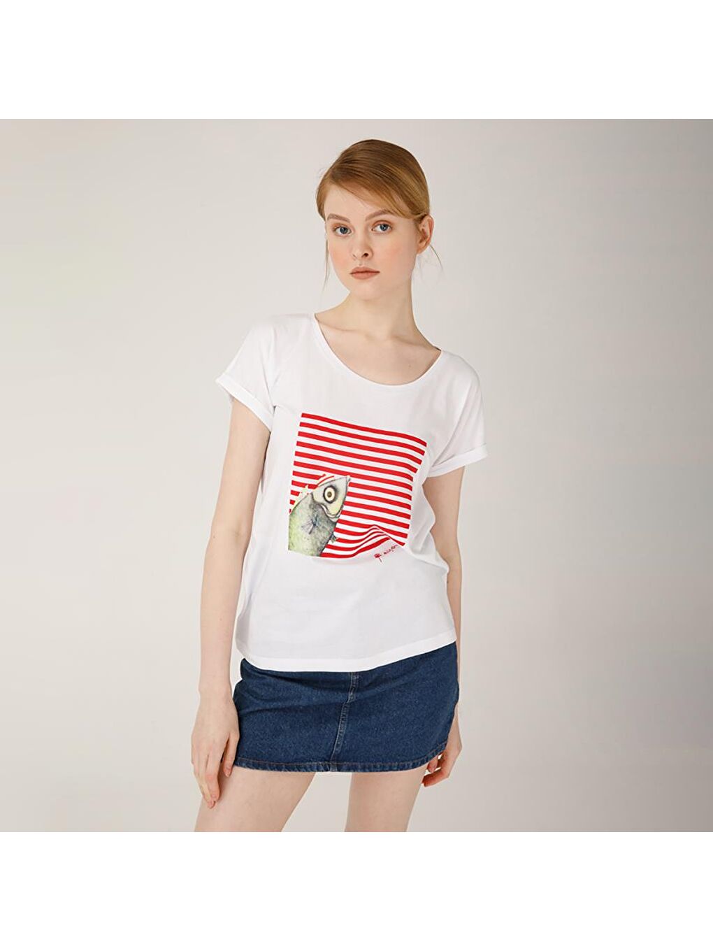 Beyaz Pistachio Çizgili Kadın T-Shirt-3