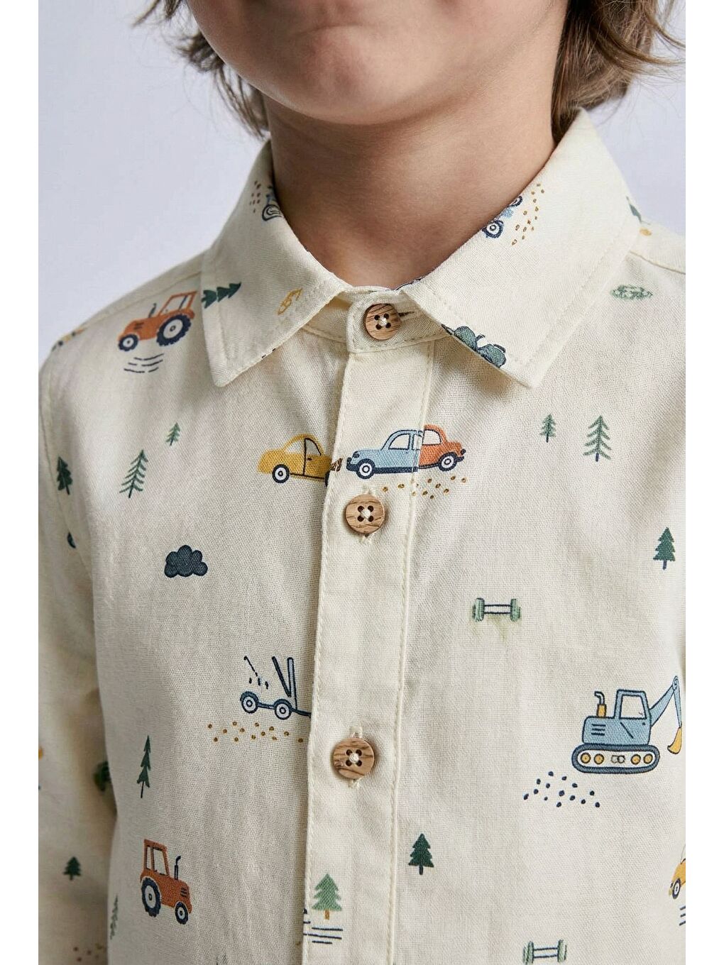 Karışık Erkek Çocuk Pamuklu İş Makinesi Desenli Gömlek Pantolon Takım - Düğmeli-3