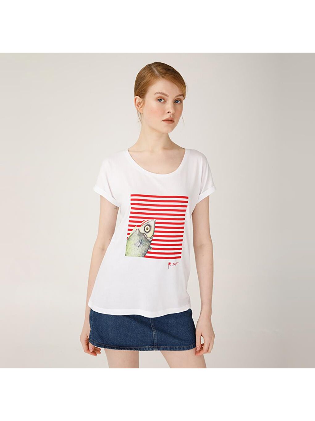 Beyaz Pistachio Çizgili Kadın T-Shirt-4