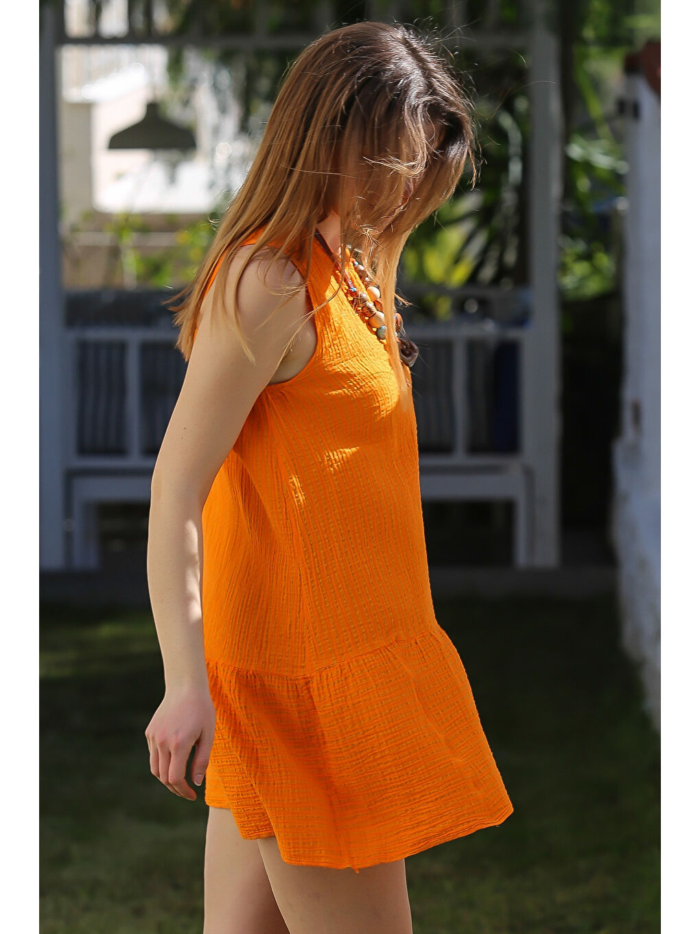 Sarı Hardal Hakim Yaka Kolsuz Çizgili Yıkamalı Etek Ucu Fırfırlı Casual Dokuma Elbise 92 50-5