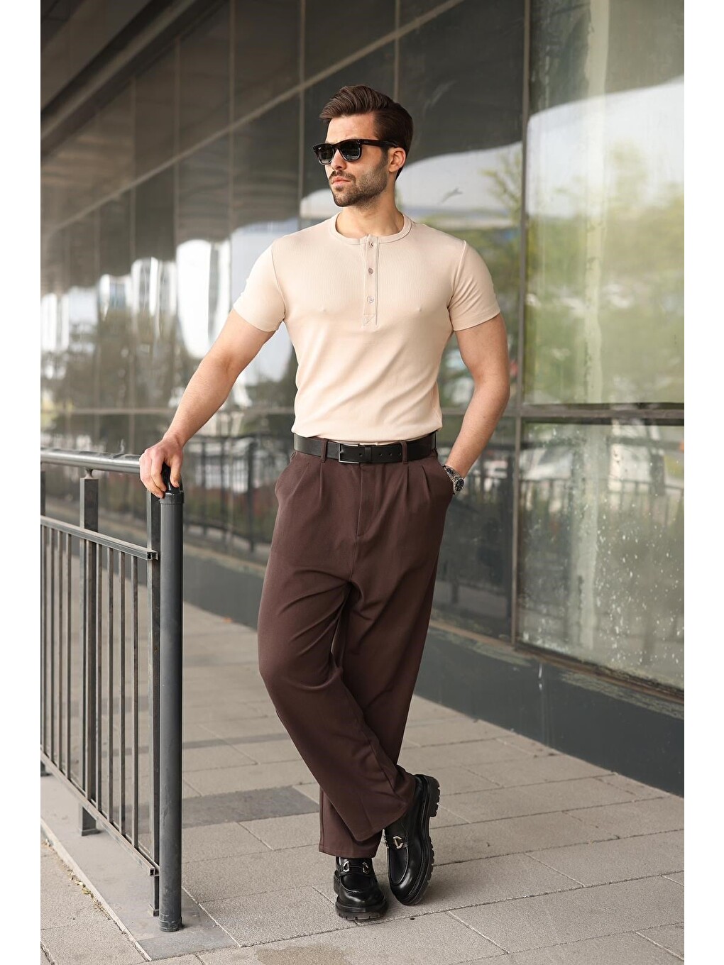 Bej Yarım Düğmeli Slim Fit Erkek Tişört E7186-1
