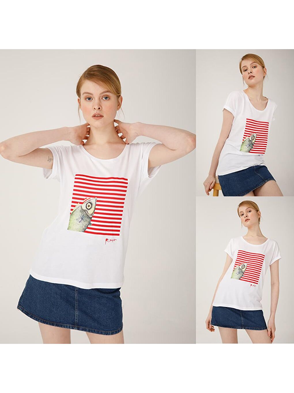 Beyaz Pistachio Çizgili Kadın T-Shirt-5