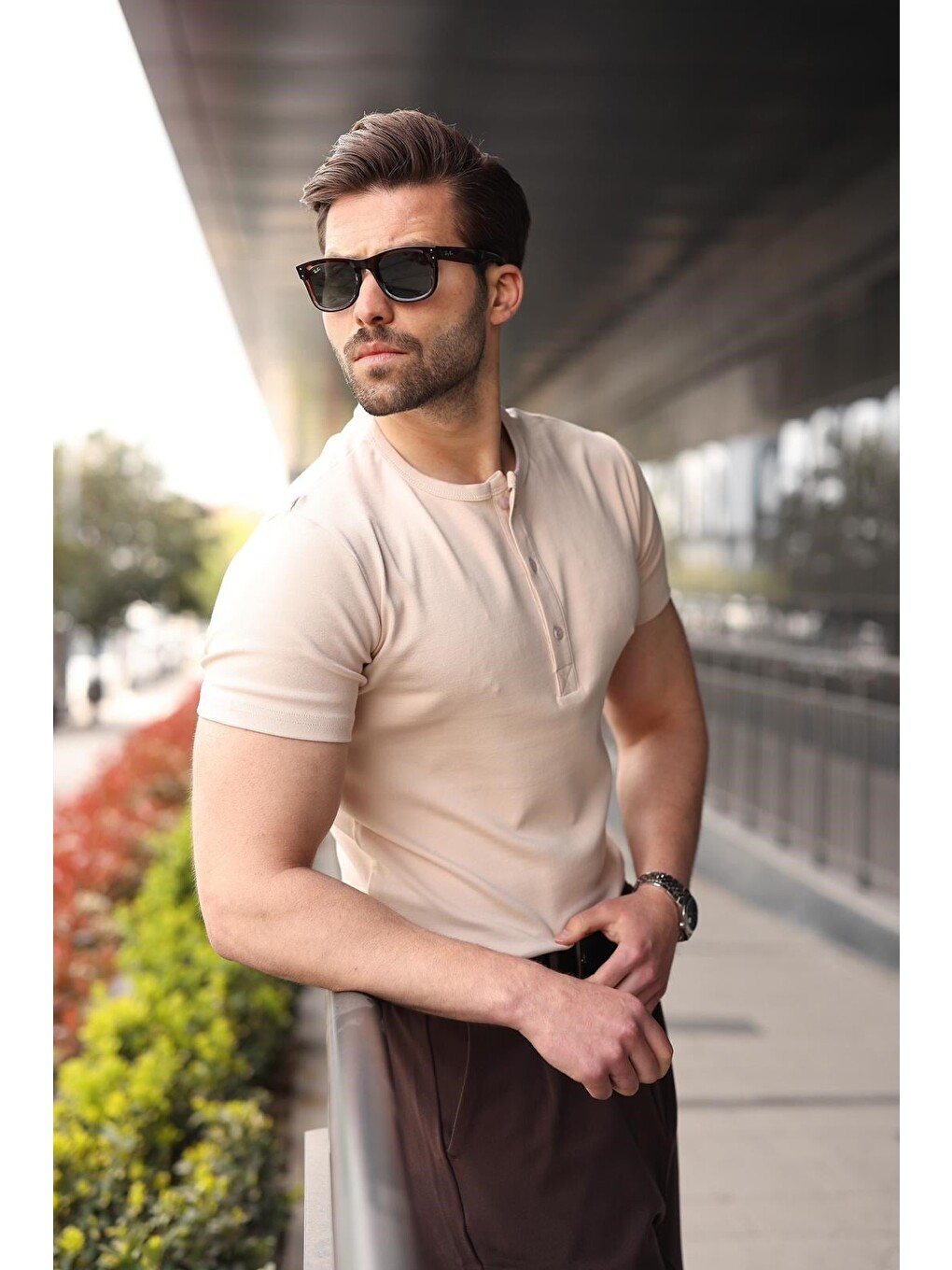 Bej Yarım Düğmeli Slim Fit Erkek Tişört E7186-2