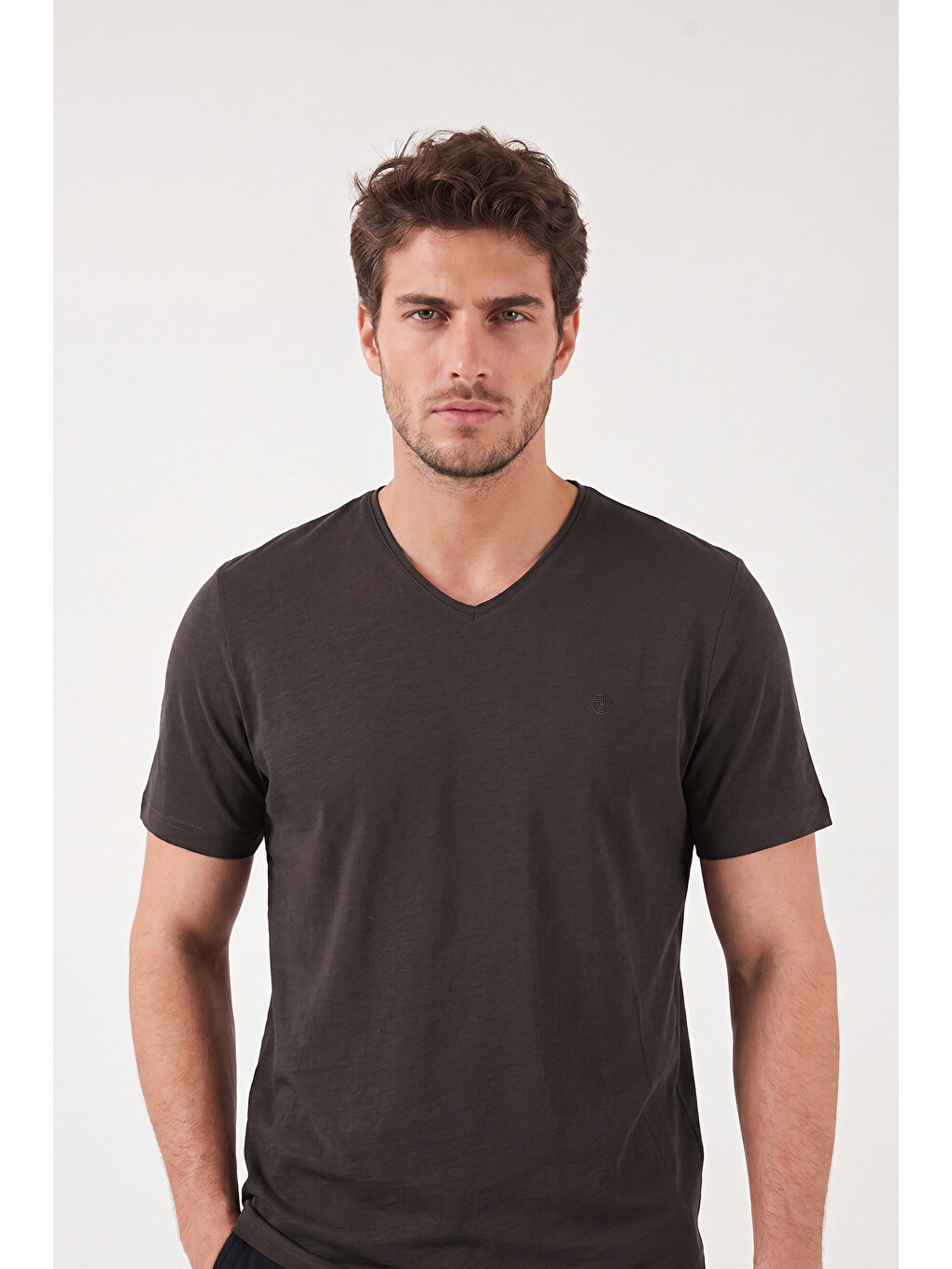 Kahverengi Pamuklu Regular Fit V Yaka T Shirt 5902719-1
