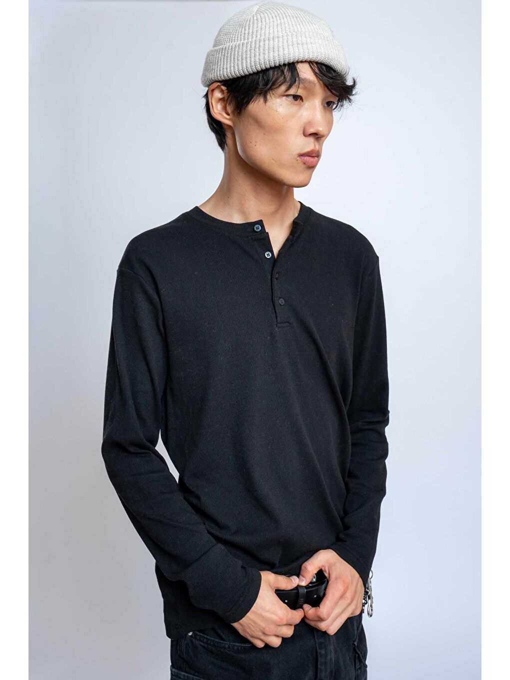 Erkek Oversize Düğmeli Basic Uzun Kollu T-Shirt Siyah-3