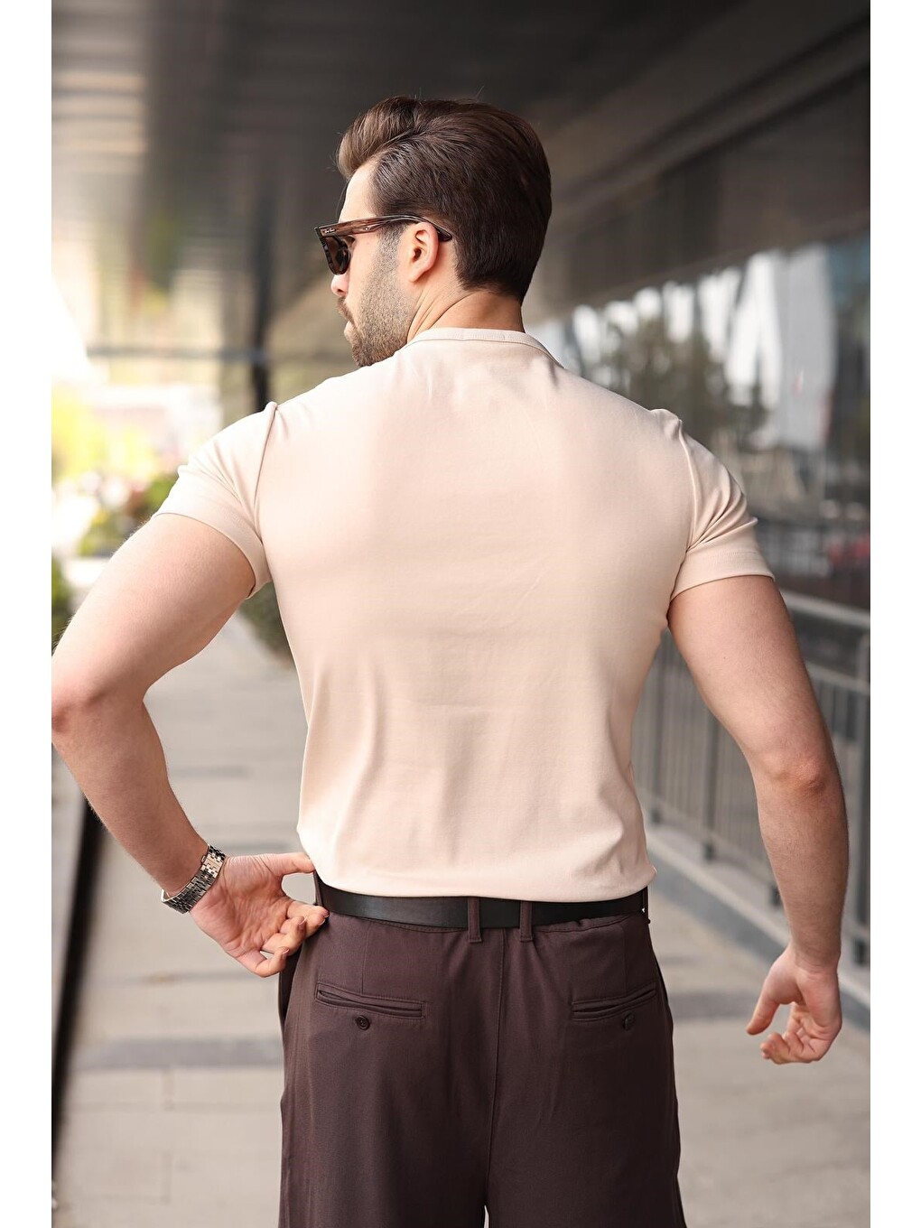Bej Yarım Düğmeli Slim Fit Erkek Tişört E7186-3