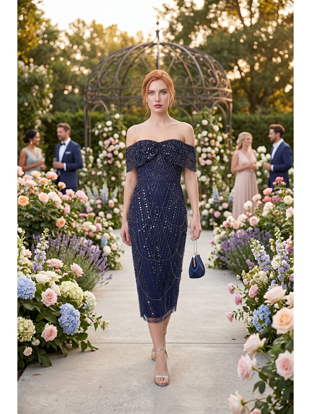 Kadın Lacivert Kayık Yaka Boncuklu Midi Abiye Elbise-4